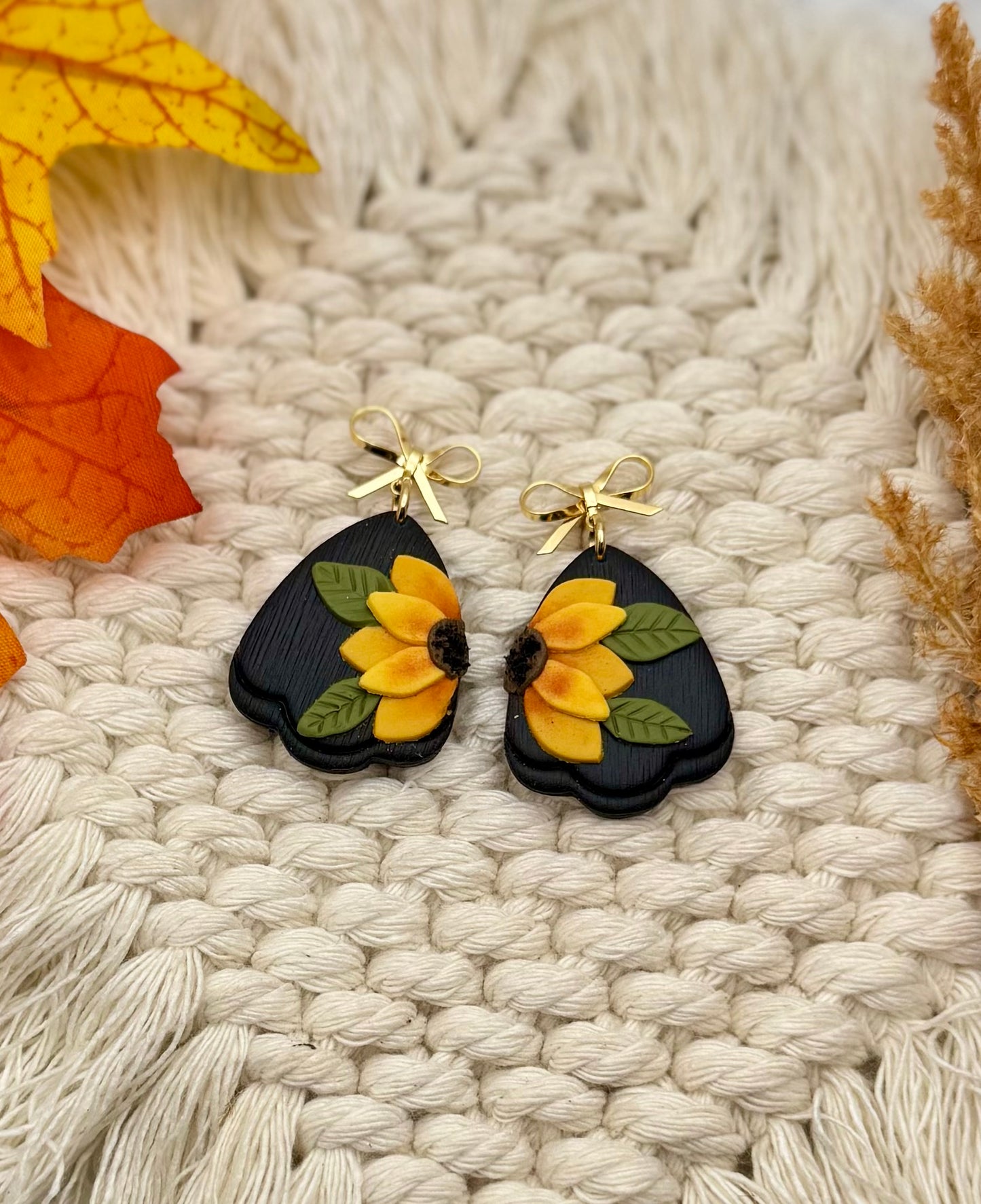 Golden Bloom – Handcrafted Sunflower Earrings with Gold Bow Studs